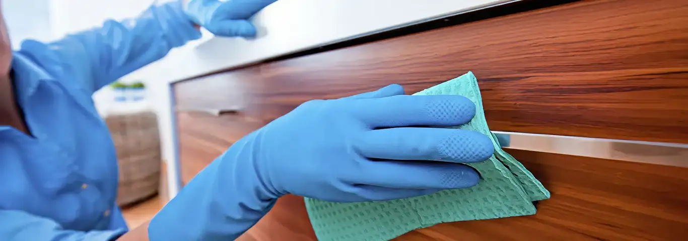 Cleaner wearing blue gloves wiping a wooden cabinet drawer with a microfiber cloth for dust and grime removal, Nashville, TN.