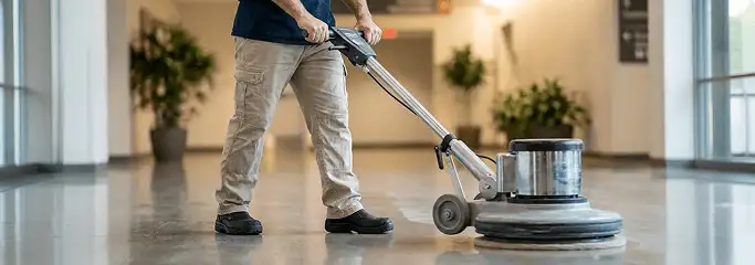 Professional technician using an industrial floor buffer to polish and maintain shiny commercial flooring in a corporate hallway in Nashville, TN.