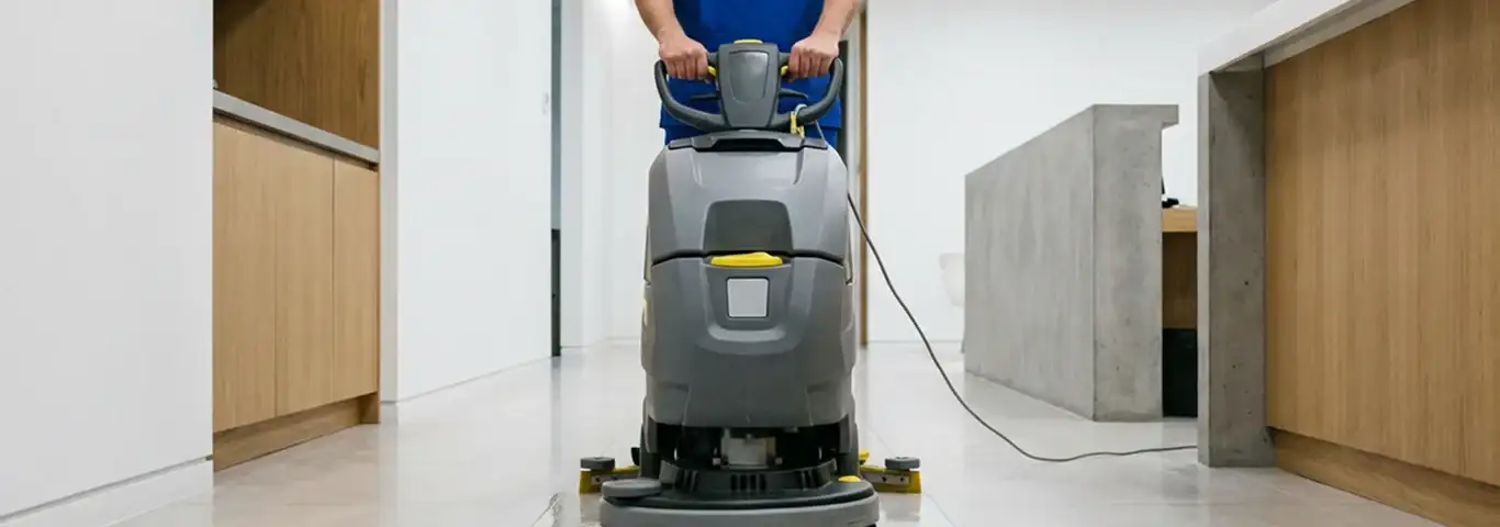Janitorial staff using a floor scrubber machine to clean a commercial hallway, Nashville, TN.