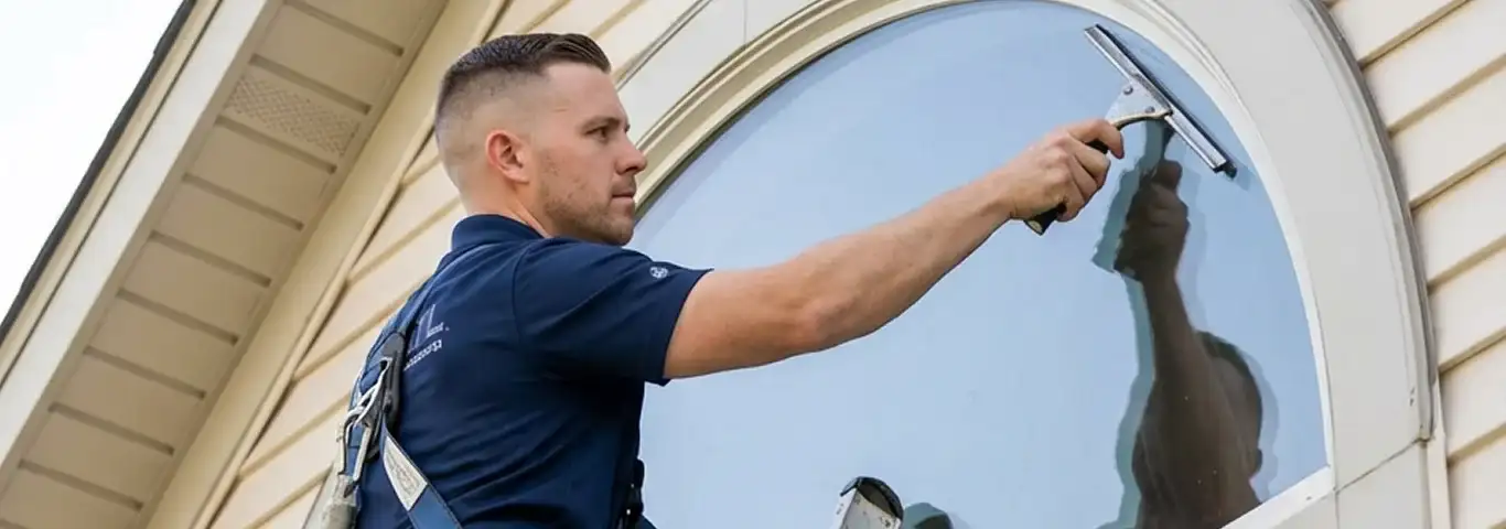 Professional window cleaner using a squeegee to clean an exterior arched window on a home, Nashville, TN.