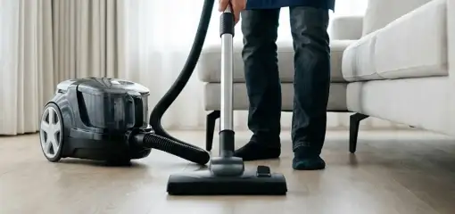 Professional house cleaner vacuuming a living room floor with a canister vacuum cleaner, Nashville, TN.