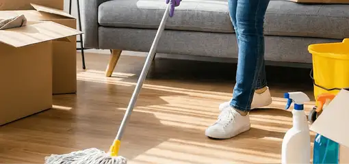 Move-out cleaning setup with a cleaner mopping hardwood floors near moving boxes and cleaning supplies, Nashville, TN.