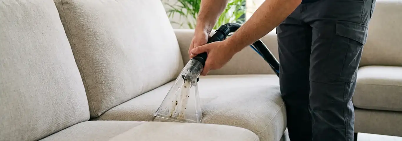 Technician extracting dirt and moisture from a fabric sofa with an upholstery cleaning wand, Nashville, TN.