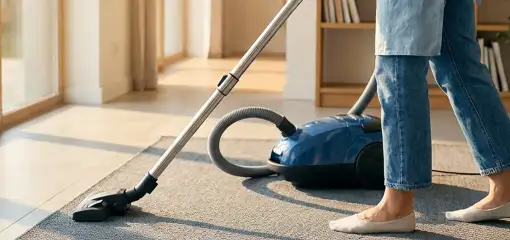 Person vacuuming a living room rug with a canister vacuum cleaner near large windows, Nashville, TN.